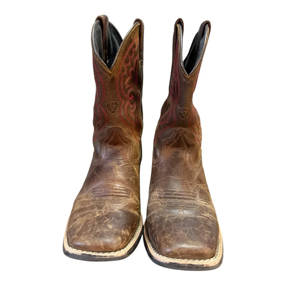 Ariat Quickdraw Leather Western Cowboy Boots Distressed Brown/Red Kids Size 3